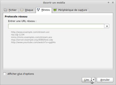 Fenêtre de saise de flux média pour VLC VLC